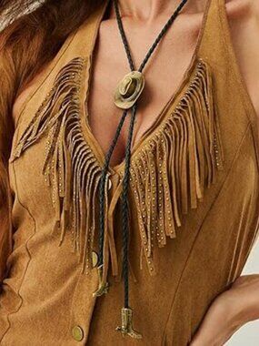 Antique Look Gold Western Ethnic Hat Boot Lariat Necklace Bolo Tie Concert